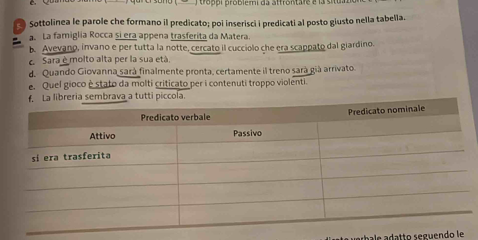 troppi problémi da affrontare é la situazi
Sottolinea le parole che formano il predicato; poi inserisci i predicati al posto giusto nella tabella.
a La famiglia Rocca si era appena trasferita da Matera.
b. Avevano, invano e per tutta la notte, cercato il cucciolo che era scappato dal giardino.
c. Sara è molto alta per la sua età.
d. Quando Giovanna sarà finalmente pronta, certamente il treno sarà già arrivato.
e. Quel gioco è stato da molti criticato per i contenuti troppo violenti.
embrava a tutti piccola.
hale adatto seguendo le