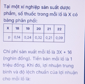 Tại một xí nghiệp sản suất dược 
phẩm, số thuốc trong mỗi lố là X có 
bàng phân phối: 
Chi phí sản xuất mỗi lố là 3X+16
(nghìn đồng). Tiền bán mỗi lổ là 1 
triệu đồng. Khi đó, lợi nhuận trung 
bình và độ lệch chuẩn của lợi nhuận 
cho mỗi lỗ là: