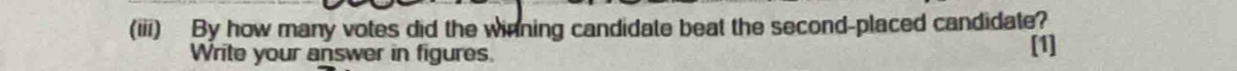 (iii) By how many votes did the winning candidate beat the second-placed candidate? 
Write your answer in figures. [1]