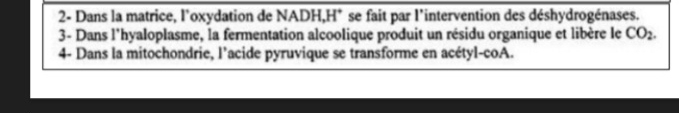 2- Dans la matrice, l'oxydation de NADH,H* se fait par l'intervention des déshydrogénases. 
3- Dans l'hyaloplasme, la fermentation alcoolique produit un résidu organique et libère le CO_2. 
4- Dans la mitochondrie, l’acide pyruvique se transforme en acétyl-coA.