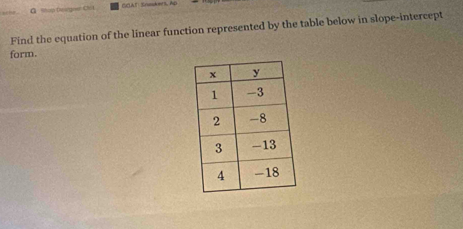 Shop Dealgoen Clot GOAT Snøskera Ap 
Find the equation of the linear function represented by the table below in slope-intercept 
form.