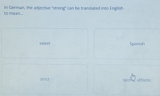 In German, the adjective "streng" can be translated into English
to mean...
sweet Spanish
strict spony, athletic