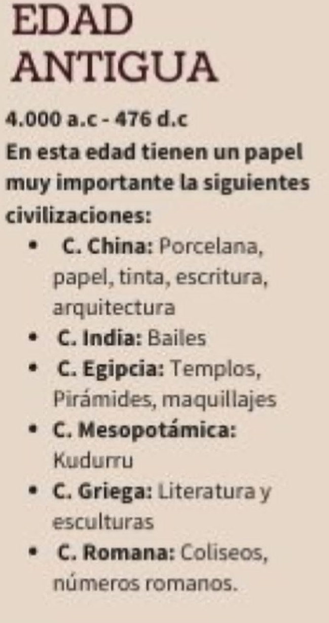 EDAD
ANTIGUA
4.000 a. c - 476 d.c
En esta edad tienen un papel
muy importante la siguientes
civilizaciones:
C. China: Porcelana,
papel, tinta, escritura,
arquitectura
C. India: Bailes
C. Egipcia: Templos,
Pirámides, maquillajes
C. Mesopotámica:
Kudurru
C. Griega: Literatura y
esculturas
C. Romana: Coliseos,
números romanos.