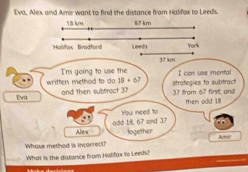 Eva, Alex and Amir want to find the distance from Halifax to Leeds.
What is the distance from Halifax to Leeds?
Maka darisiane