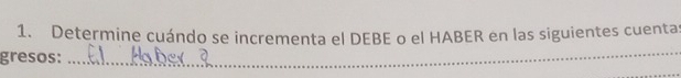 Determine cuándo se incrementa el DEBE o el HABER en las siguientes cuentas 
gresos:_ 
_