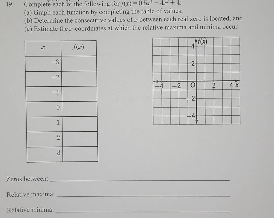 Complete each of the following for f(x)=0.5x^4-4x^2+4
(a) Graph each function by completing the table of values,
(b) Determine the consecutive values of x between each real zero is located, and
(c) Estimate the x-coordinates at which the relative maxima and minima occur.
Zeros between:_
Relative maxima:_
Relative minima:_