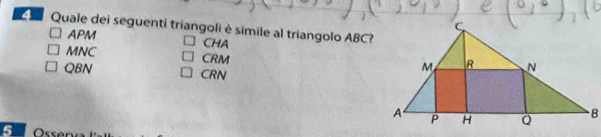 Quale dei seguenti triangoli è simile al triangolo ABC?
APM CHA
MNC CRM
QBN CRN
5