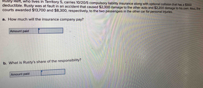 Rusty Reft, who lives in Territory 5, carries 10/20/5 compulsory liability insurance along with optional collision that has a $300
deductible. Rusty was at fault in an accident that caused $2,300 damage to the other auto and $2,200 damage to his own. Also, the 
courts awarded $13,700 and $8,300, respectively, to the two passengers in the other car for personal injuries. 
a. How much will the insurance company pay? 
Amount paid 
b. What is Rusty's share of the responsibility? 
Amount paid