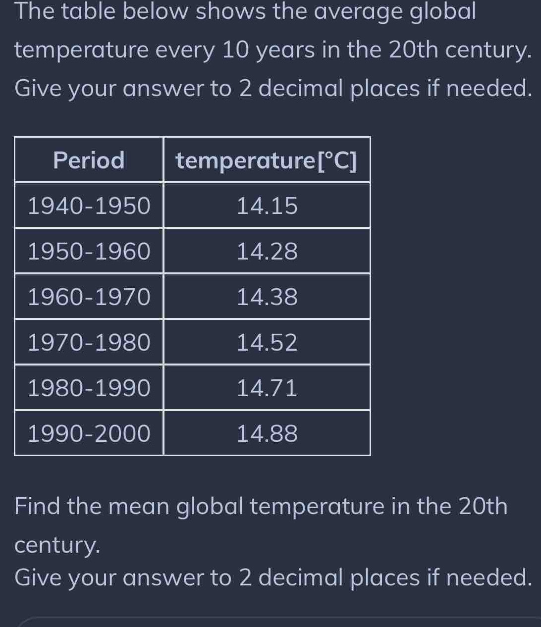 Solved: The table below shows the average global temperature every 10 ...