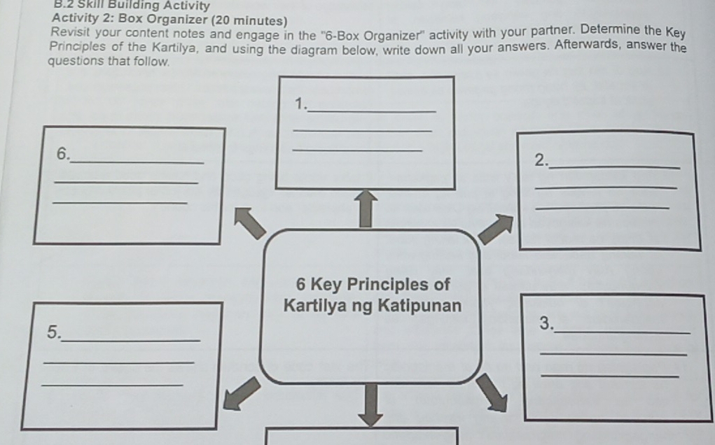 Skill Building Activity 
Activity 2: Box Organizer (20 minutes) 
Revisit your content notes and engage in the ''6-Box Organizer'' activity with your partner. Determine the Key 
Principles of the Kartilya, and using the diagram below, write down all your answers. Afterwards, answer the 
questions that follow. 
1._ 
_ 
6._ 
_ 
2._ 
_ 
_ 
_ 
_ 
6 Key Principles of 
Kartilya ng Katipunan 
5._ 
_ 
3. 
_ 
_ 
_ 
_