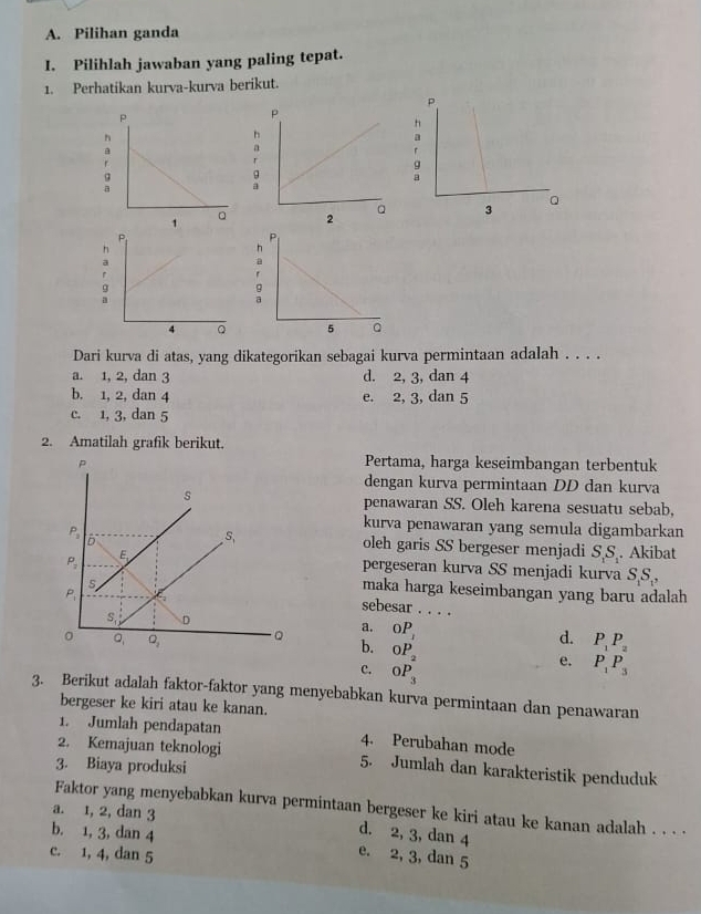 Pilihan ganda
I. Pilihlah jawaban yang paling tepat.
1. Perhatikan kurva-kurva berikut.
Dari kurva di atas, yang dikategorikan sebagai kurva permintaan adalah . . . .
a. 1, 2, dan 3 d. 2, 3, dan 4
b. 1, 2, dan 4 e. 2, 3, dan 5
c. 1, 3, dan 5
2. Amatilah grafik berikut.
Pertama, harga keseimbangan terbentuk
dengan kurva permintaan DD dan kurva
penawaran SS. Oleh karena sesuatu sebab,
kurva penawaran yang semula digambarkan
oleh garis SS bergeser menjadi S_1S_1. Akibat
pergeseran kurva SS menjadi kurva S_1S_1,
maka harga keseimbangan yang baru adalah
sebesar . . . .
a. _0P_1
b. _0P_2
d. P_1P_2
c. _0P_3
e. P_1P_3
3. Berikut adalah faktor-faktor yang menyebabkan kurva permintaan dan penawaran
bergeser ke kiri atau ke kanan.
1. Jumlah pendapatan 4. Perubahan mode
2. Kemajuan teknologi 5. Jumlah dan karakteristik penduduk
3. Biaya produksi
Faktor yang menyebabkan kurva permintaan bergeser ke kiri atau ke kanan adalah . . . .
a. 1, 2, dan 3 d. 2, 3, dan 4
b. 1, 3, dan 4 e. 2, 3, dan 5
c. 1, 4, dan 5