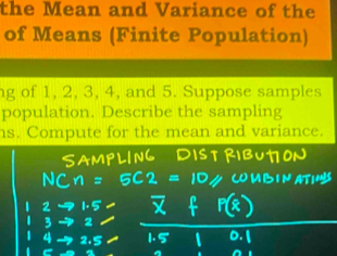 the Mean and Variance of the 
of Means (Finite Population) 
g of 1, 2, 3, 4, and 5. Suppose samples 
population. Describe the sampling 
s. Compute for the mean and variance.