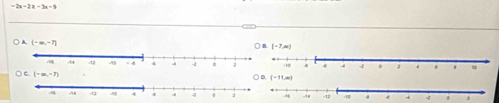 -2x-2≥ -3x-9
A (-∈fty ,-7]
[-7,∈fty )
C. (-∈fty ,-7)
(-11,∈fty )