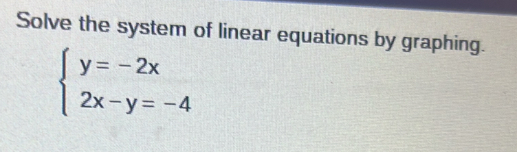 Solve the system of linear equations by graphing.
beginarrayl y=-2x 2x-y=-4endarray.