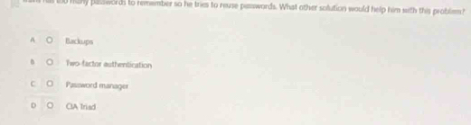 l80 tchy paswords to remember so he tries to reuse passwords. What other solution would help him with this probliem?
A Backups. Two-factor authentication
c 。 Password manager
D CIA Triad