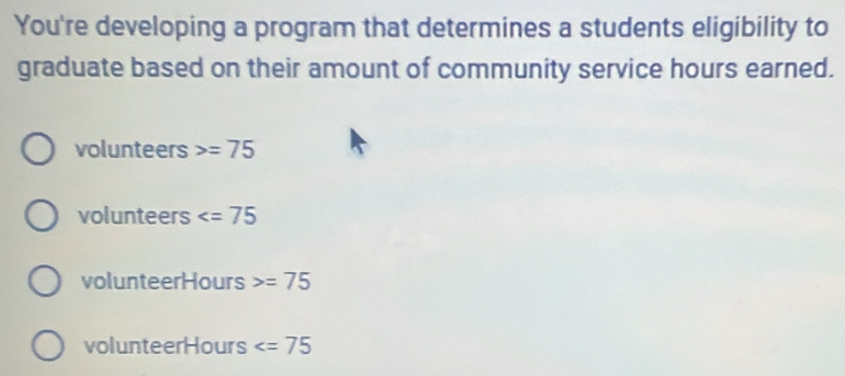 You're developing a program that determines a students eligibility to
graduate based on their amount of community service hours earned.
volunteers =75
volunteers
volunteerHours =75
volunteerHours