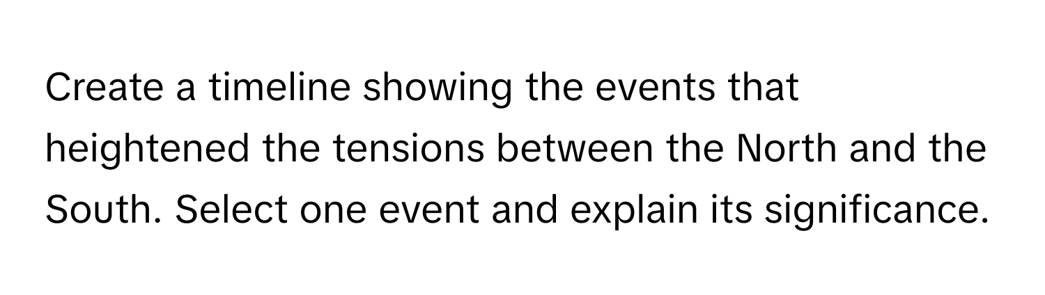 Create a timeline showing the events that heightened the tensions between the North and the South. Select one event and explain its significance.