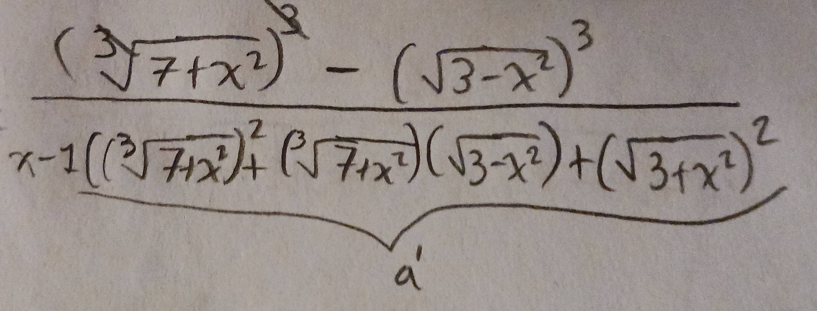 frac (sqrt[3](7+x^2))^2-(sqrt(3-x^2))^3x-1(sqrt[3](7+x^2))+(sqrt(3-x^2))(sqrt(3-x^2))^2+(sqrt(3+x^2))^2
a