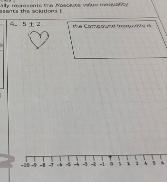 ally represents the Absolute value inequality 
esents the solutions [
4. 5± 2
the Compound inequality is
-10 -9 -8 -7 -6 -5 -4 -3 -2 -1 1 2 3 4 5 6