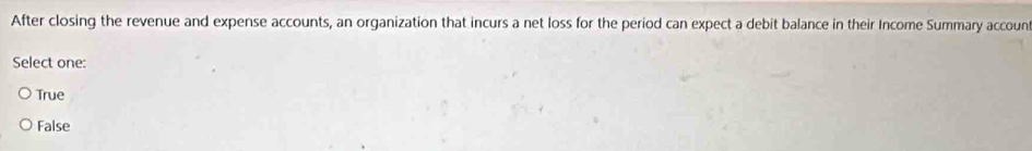 After closing the revenue and expense accounts, an organization that incurs a net loss for the period can expect a debit balance in their Income Summary accoun
Select one:
True
False