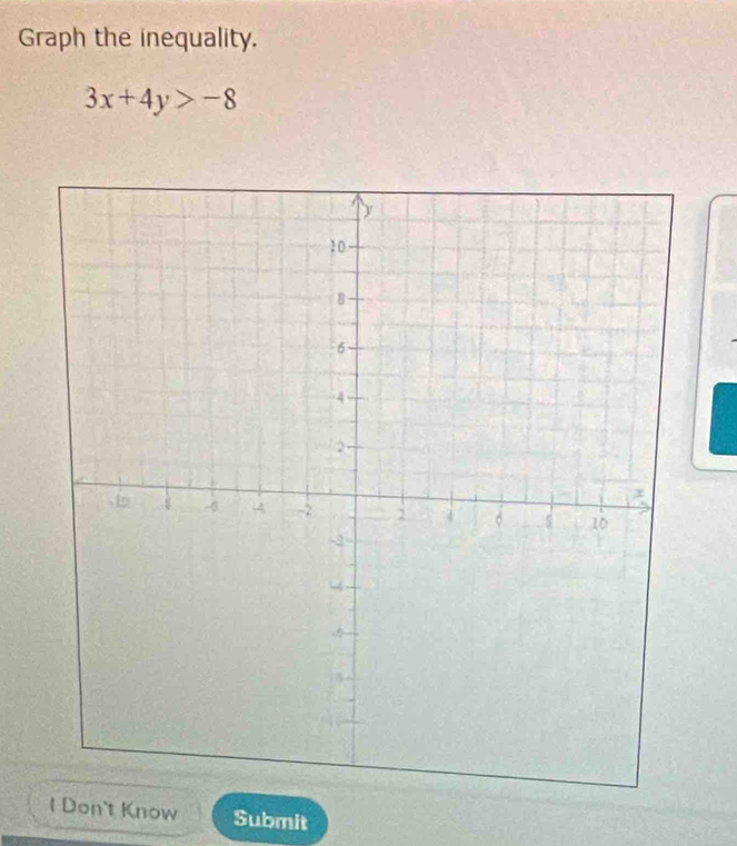 Graph the inequality.
3x+4y>-8
l Don't Know Submit