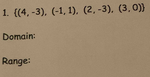  (4,-3),(-1,1),(2,-3),(3,0)
Domain: 
Range: