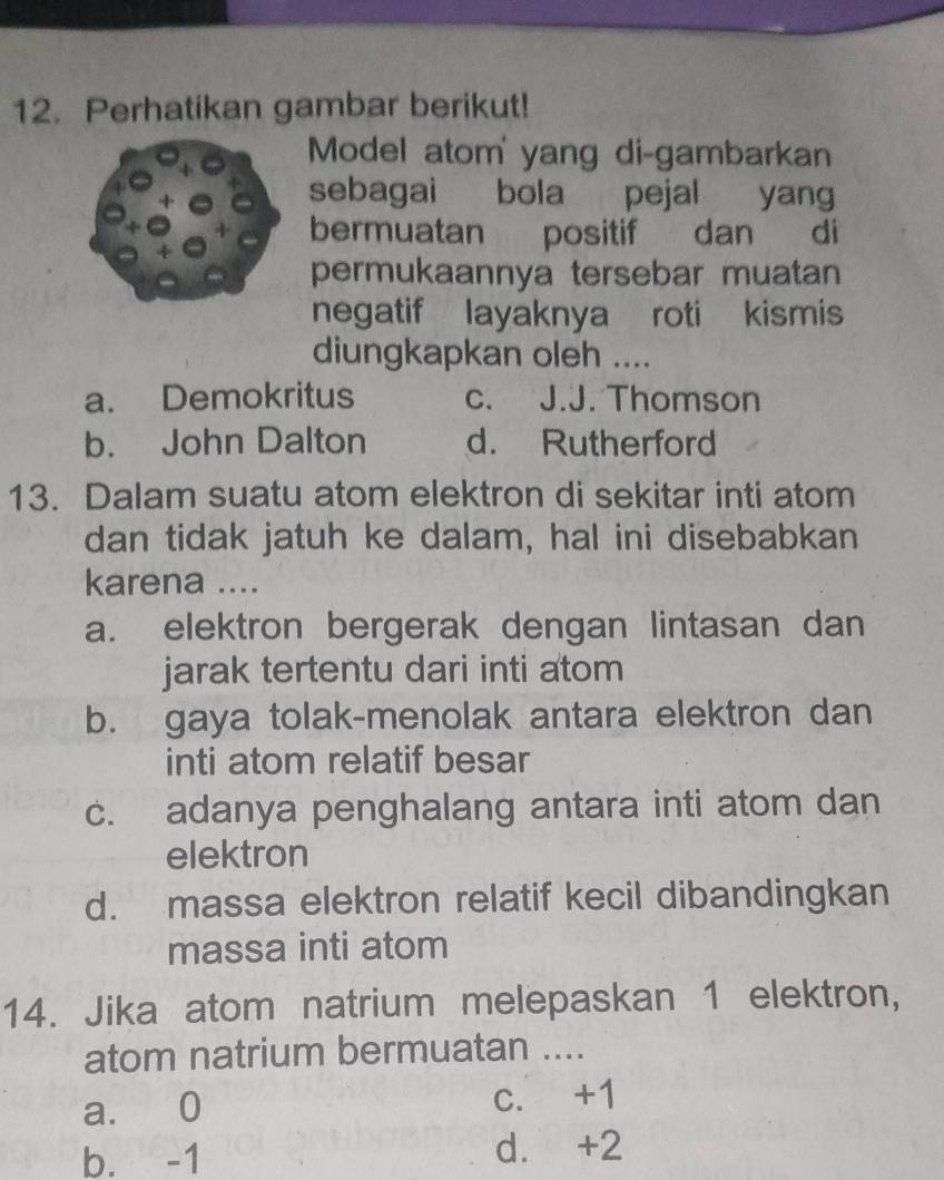 Perhatikan gambar berikut!
Model atom' yang di-gambarkan
sebagai bola pejal yang
bermuatan positif dan di
permukaannya tersebar muatan
negatif layaknya roti kismis
diungkapkan oleh ....
a. Demokritus c. J.J. Thomson
b. John Dalton d. Rutherford
13. Dalam suatu atom elektron di sekitar inti atom
dan tidak jatuh ke dalam, hal ini disebabkan
karena ....
a. elektron bergerak dengan lintasan dan
jarak tertentu dari inti atom
b. gaya tolak-menolak antara elektron dan
inti atom relatif besar
c. adanya penghalang antara inti atom dan
elektron
d. massa elektron relatif kecil dibandingkan
massa inti atom
14. Jika atom natrium melepaskan 1 elektron,
atom natrium bermuatan ....
a. 0 c. +1
b. -1 d. +2