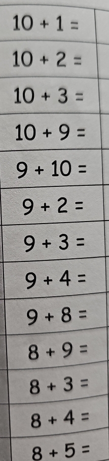 10+1=
8+5=