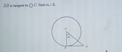 overline AB is tangent to odot C. Find m∠ A.