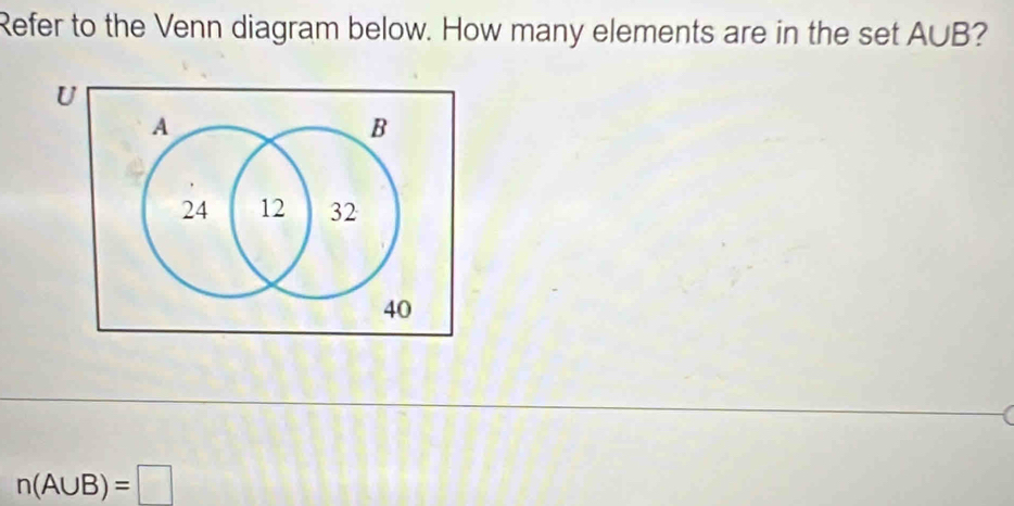 Refer to the Venn diagram below. How many elements are in the set A∪ B ?
n(A∪ B)=□