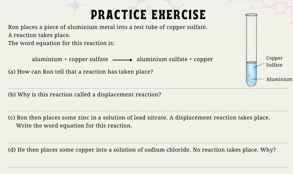 PractiCE EXérCIsE 
Ron places a piece of aluminium metal into a test tube of copper sulfate. 
A reaction takes place. 
The word equation for this reaction is: 
aluminium + copper sulfate aluminium sulfate + copper 
(a) How can Ron tell that a reaction has taken place? 
Aluminium 
_ 
(b) Why is this reaction called a displacement reaction? 
_ 
(c) Ron then places some zinc in a solution of lead nitrate. A displacement reaction takes place. 
Write the word equation for this reaction. 
_ 
(d) He then places some copper into a solution of sodium chloride. No reaction takes place. Why? 
_