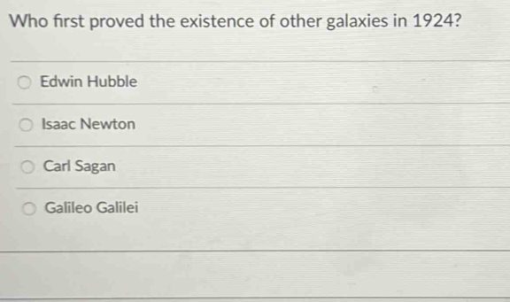 Who first proved the existence of other galaxies in 1924?
Edwin Hubble
Isaac Newton
Carl Sagan
Galileo Galilei