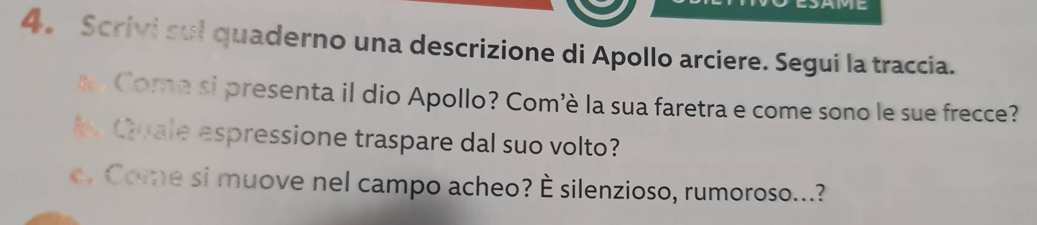 JAME 
4. Scrivi sul quaderno una descrizione di Apollo arciere. Segui la traccia. 
Core si presenta il dio Apollo? Com'è la sua faretra e come sono le sue frecce? 
Quale espressione traspare dal suo volto? 
e. Come si muove nel campo acheo? È silenzioso, rumoroso...?