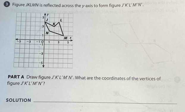 Figure JKLMN is reflected across the y-axis to form figure J'K'L'M'N'. 
PART A Draw figure J' K'L' M'I N'. '. What are the coordinates of the vertices of 
figure J'K'L'M'N ? 
SOLUTION_