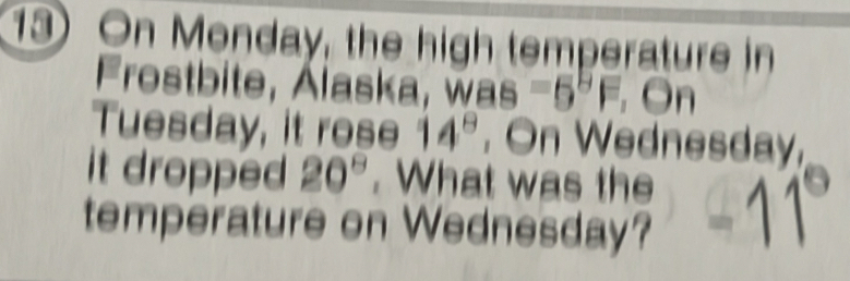 On Monday, the high temperature in 
Frostbite, Alaska, was =5°F, OA
Tuesday, it rose 14^8 , On Wednesday, 
it dropped 20°. What was the 
temperature on Wednesday?
-11°