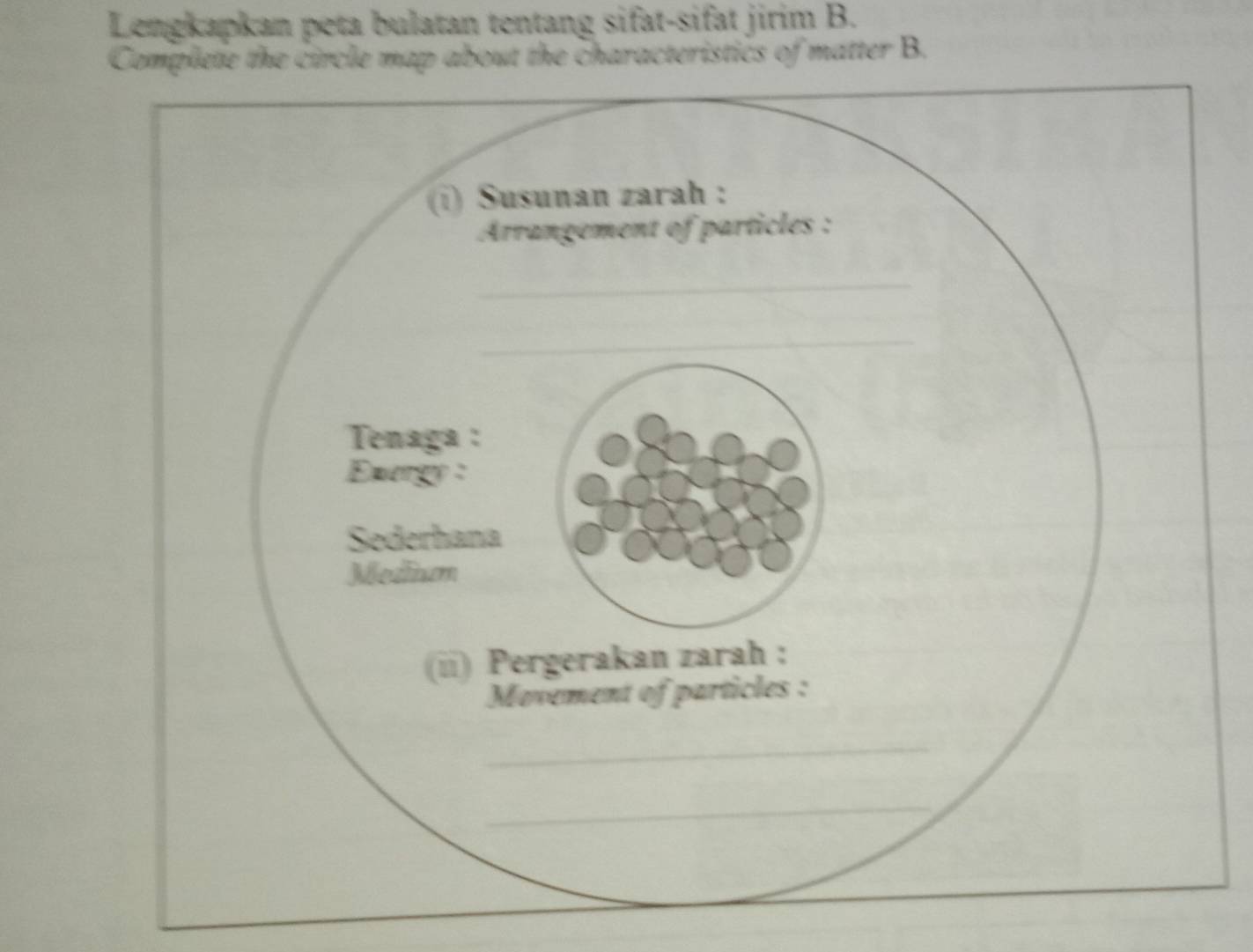 Lengkapkan peta bulatan tentang sifat-sifat jirim B. 
Complete the circle map about the characteristics of matter B.