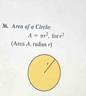 Area of a Circle:
A=π r^2 , for r^2
(Area A, radius r)