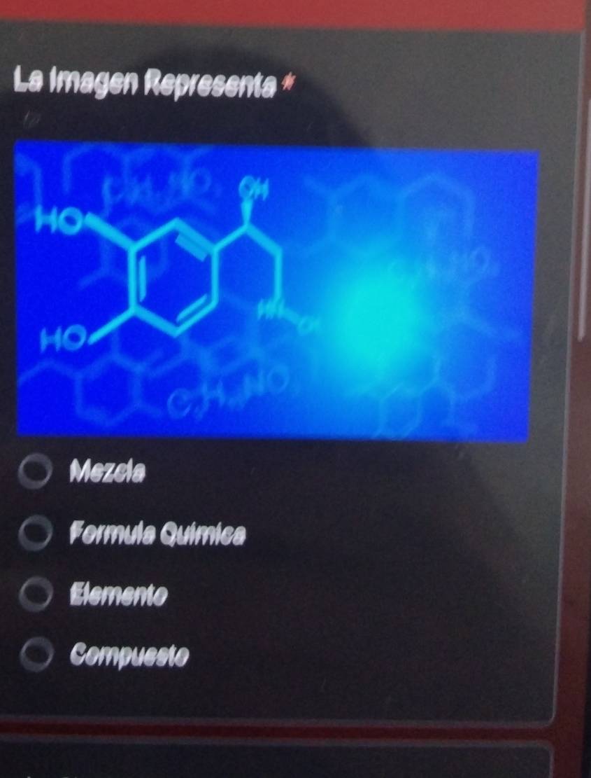 La Imagen Representa *
Mezcla
Fermula Química
Elemento
Compuesto