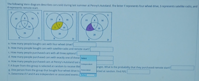 The following Venn diagram describes cars sold during last summer at Penny's Autoland. The letter F represents four-wheel drive, 5 represents satellite radio, and
R represents remote start. 
a. How many people bought cars with four-wheel drive? 
b. How many people bought cars with satellite radio and remote start? 
c. How many people purchased cars with all three options? 
d. How many people purchased cars with exactly one of these Select 
e. How many people purchased cars at Penny's Autoland last s 
f. A buyer from this group is selected at random to receive lifet Dowhepen de n't anges. What is the probability that they purchased remote start? □ 
g. One person from the group that bought four-wheel drive is Associsted ected at random. Find P(t) □ 
h. Determine if F and R are independent or associated events. N m ba c 4