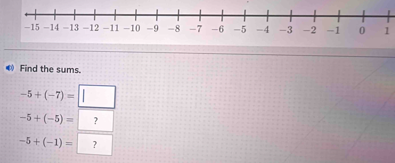 1 
(Find the sums.
-5+(-7)=□
-5+(-5)= ?
-5+(-1)= ?