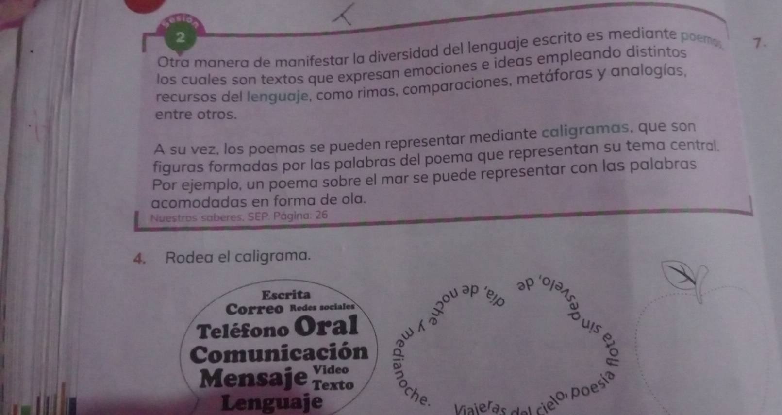 Otra manera de manifestar la diversidad del lenguaje escrito es mediante poemo; 
7. 
los cuales son textos que expresan emociones e ideas empleando distintos 
recursos del lenguaje, como rimas, comparaciones, metáforas y analogías, 
entre otros. 
A su vez, los poemas se pueden representar mediante caligramas, que son 
figuras formadas por las palabras del poema que representan su tema central. 
Por ejemplo, un poema sobre el mar se puede representar con las palabras 
acomodadas en forma de ola. 
Nuestros saberes, SEP. Página: 26 
4. Rodea el caligrama. 
Escrita 
Correo Redes sociales 
Teléfono Oral 
Comunicación 1 
'e10 
Mensaje Video 
Texto 
Lenguaje