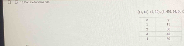 Find the function rule.
 (1,15),(2,30),(3,45),(4,60)