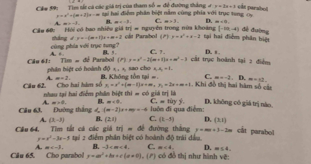 (24)
Câu 59: Tìm tất cả các giá trị của tham shat Om để đường thắng d:y=2x+3 cắt parabol
y=x^2+(m+2)x-m tại hai điểm phân biệt nằm cùng phía với trục tung Oy
A. m>-3. B. m C. m>3. D. m<0.
Câu 60: Hỏi có bao nhiêu giá trjm nguyên trong nửa khoảng [-10,-4) đế đường
thẳng d:y=-(m+1)x+m+2 cắt Parabol (P):y=x^2+x-2 tại hai điểm phân biệt
cùng phía với trục tung?
A. 6. B. 5. C. 7. D. 8 .
Câu 61: Tim= đề Parabol (P):y=x^2-2(m+1)x+m^2-3 cắt trục hoành tại 2 điểm
phân biệt có hoành độ x_1,x_2 sao cho x_1.x_2=1.
A. m=2. B. Không tồn tại m . C. m=-2 D. m=± 2.
Câu 62. Cho hai hàm số y_1=x^2+(m-1)x+m,y_2=2x+m+1. Khi đồ thị hai hàm số cất
nhau tại hai điểm phân biệt thì m có giá trị là
A. m>0. B. m<0. C. m tùy ý. D. không có giá trị nào.
Câu 63. Đường thăng d_n (m-2)x+my=-6 luôn đi qua điểm:
A. (3;-3) B. (2:1) C. (k-5) D. (3:1)
Câu 64. Tìm tất cả các giá trị  đề đường thắng y=mx+3-2m cắt parabol
y=x^2-3x-5 tại 2 điểm phân biệt có hoành độ trái dấu.
A. m B. -3 C. m<4. D. m≤ 4.
Câu 65. Cho parabol y=ax^2+bx+c(a!= 0) , (P) có đồ thị như hình vẽ: