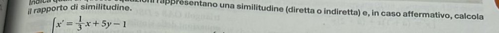 rapporto di similitudine. 
uni rappresentano una similitudine (diretta o indiretta) e, in caso affermativo, calcola
∈t x'= 1/3 x+5y-1