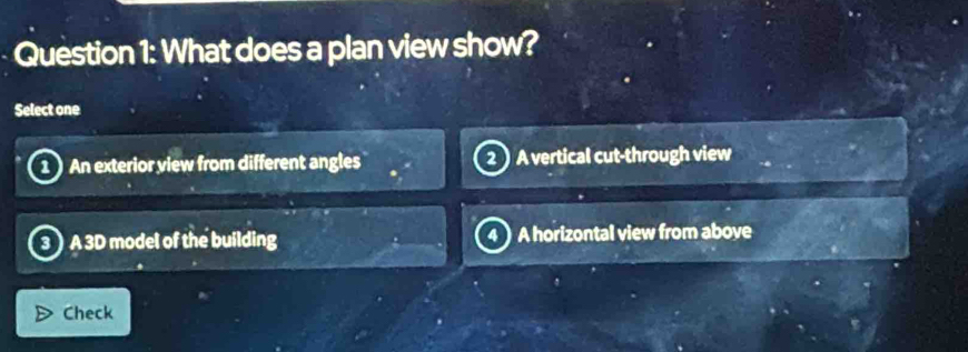 What does a plan view show?
Select one
) An exterior view from different angles 2 A vertical cut-through view
3 A 3D model of the building 4 A horizontal view from above
Check