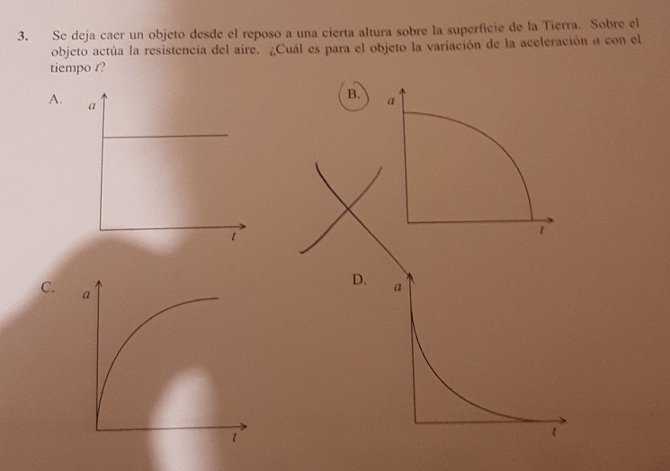 Se deja caer un objeto desde el reposo a una cierta altura sobre la superficie de la Tierra. Sobre el
objeto actúa la resistencia del aire. ¿Cuál es para el objeto la variación de la aceleración a con el
tiempo t?
B.
A.
C.
D. a
a
1
1