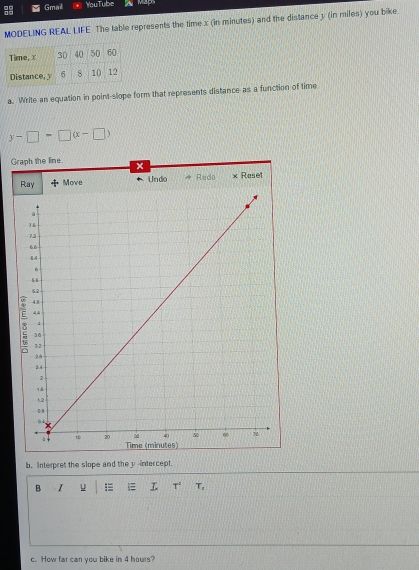 Gmal YouTube Maps 
MODELING REAL LIFE The table represents the time x (in minutes) and the distance 3 (in miles) you bike. 
a. Write an equation in point-slope form that represents distance as a function of time
y-□ =□ (x-□ )
Graph the line x
Ray Move Undo Redo x Reset 
b. Interpret the slope and the yintercept. 
B I u = E T^2 T, 
c. How far can you bike in 4 hours?