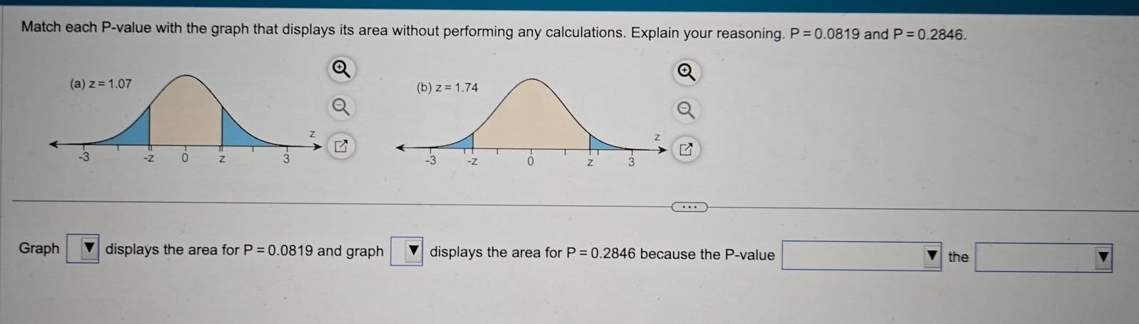 Match each P-value with the graph that displays its area without performing any calculations. Explain your reasoning. P=0.0819 and P=0.2846.
Graph V displays the area for P=0.0819 and graph V displays the area for P=0.2846 because the P-value □ the□