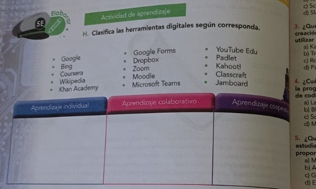 Elab d Sl c) Sc
5B Actividad de aprendizaje
H. Clasifica las herramientas digitales según corresponda, 3.¿Qu
creación
utilizar
a) Ka
Google Google Forms YouTube Edu b) Tr
Padlet
Bing Dropbox c) R
Coursera Zoom
Kahoot! d) P
Wikipedia Moodle
Classcraft
Khan Academy Microsoft Teams Jamboard
4. ¿Cuá
la prog
de cod
a) La
Aprendizaje individual Aprendizaje colaborativo Aprendizaje coopez b) B
c) Sc
d) M
5. ¿āu
estudia
propor
a) M
b) A
c) G
d) E