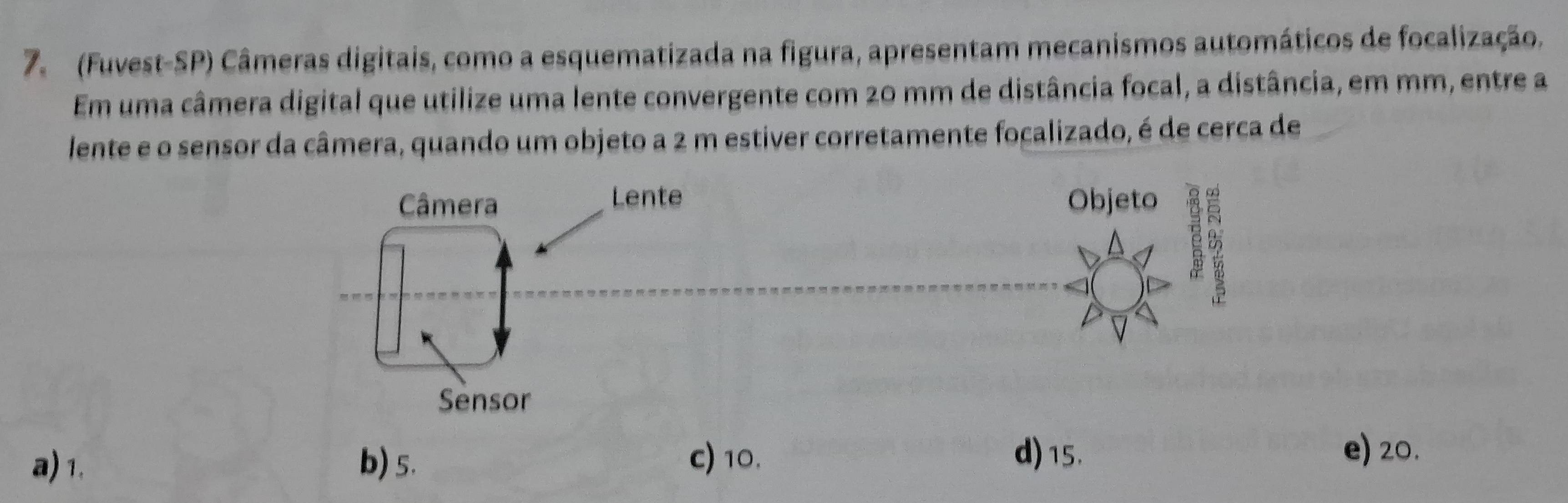 (Fuvest-SP) Câmeras digitais, como a esquematizada na figura, apresentam mecanismos automáticos de focalização.
Em uma câmera digital que utilize uma lente convergente com 20 mm de distância focal, a distância, em mm, entre a
lente e o sensor da câmera, quando um objeto a 2 m estiver corretamente focalizado, é de cerca de
Objeto
B
a) 1. b) 5. c) 10.
d) 15. e) 20.